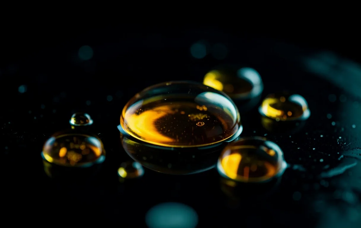 Close-up of B-vitamin supplement liquid droplets