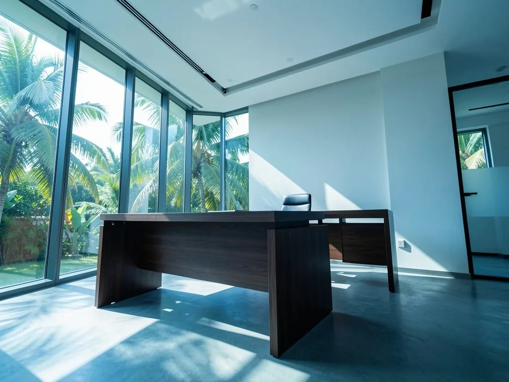 Sunlit modern office interior with large windows