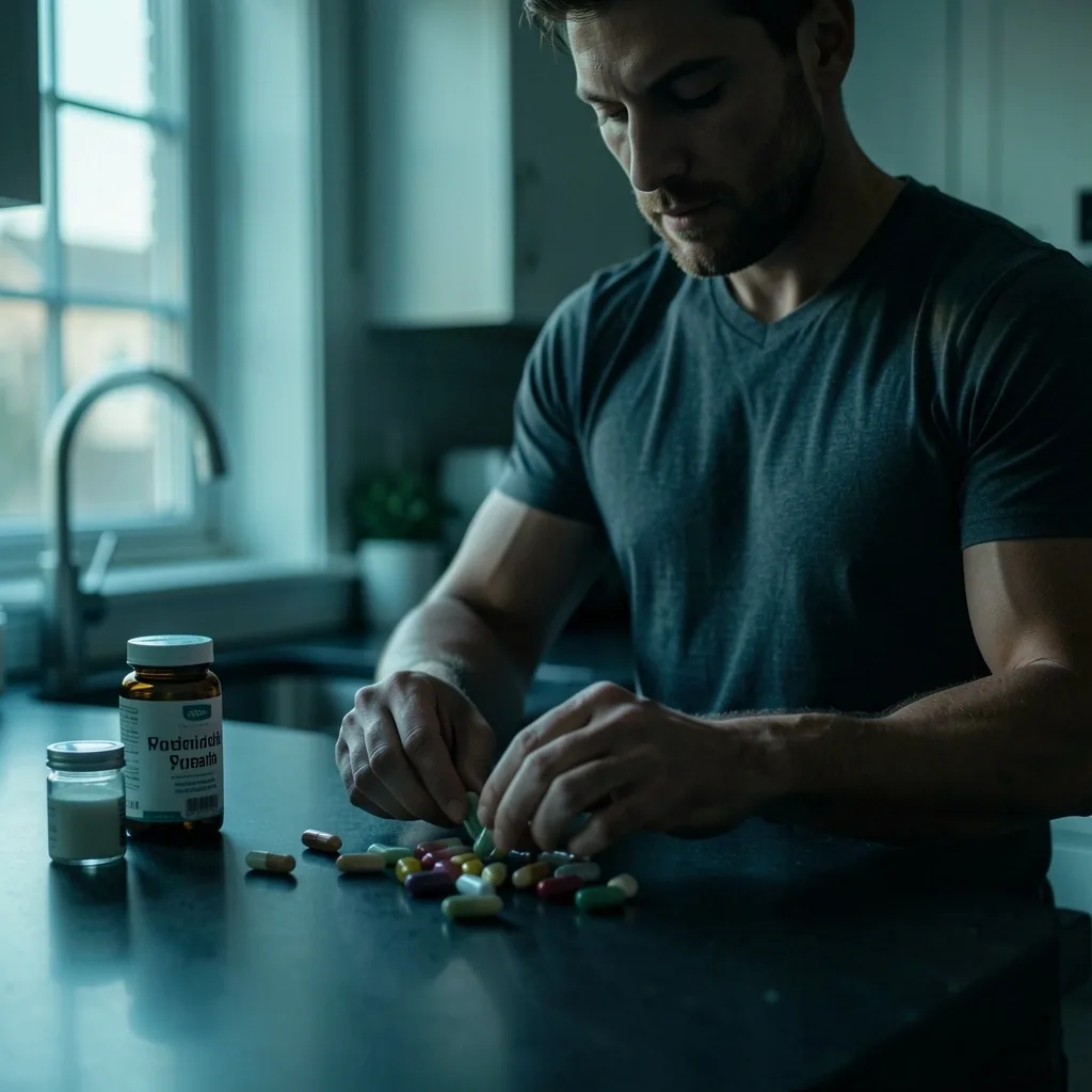Man preparing morning supplements