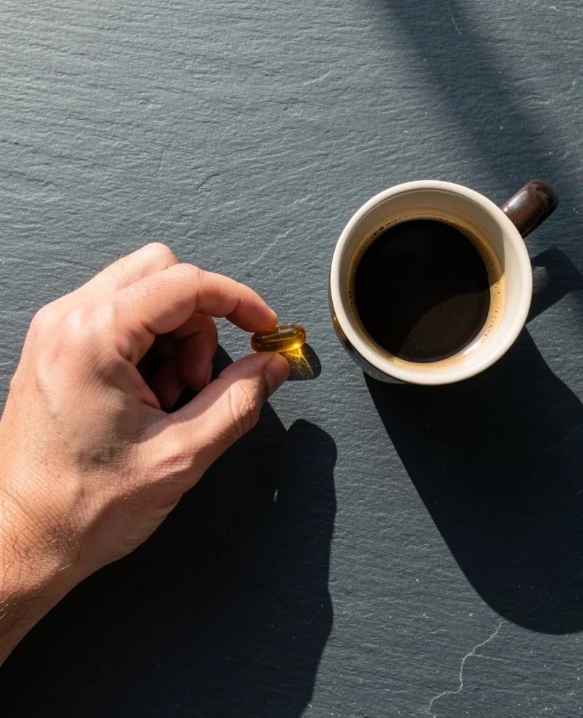 Hand placing a supplement capsule next to a morning coffee